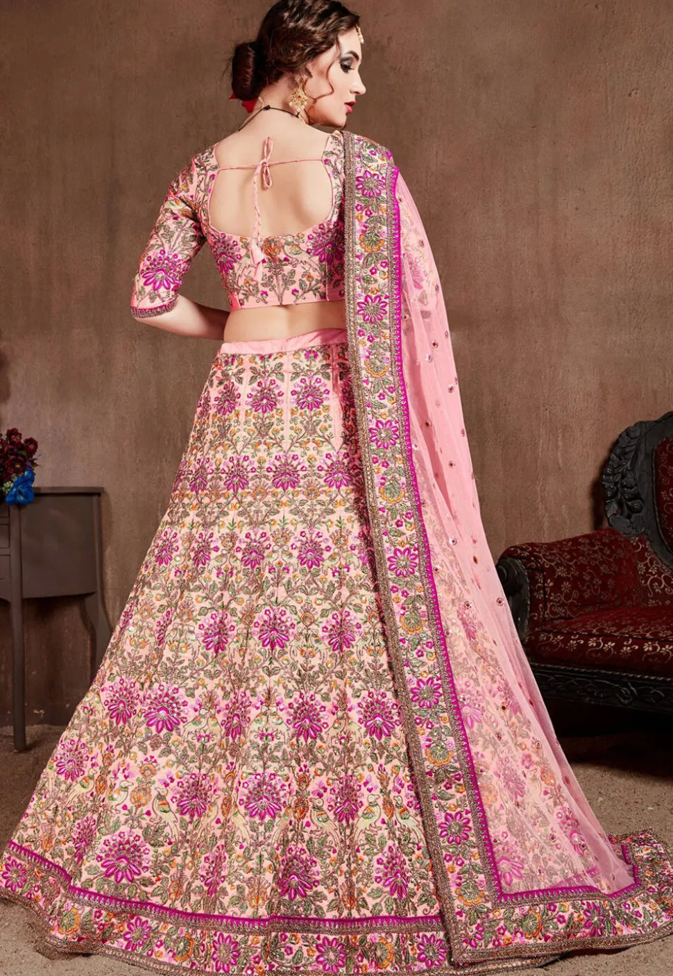 Embroidered Taffeta Silk Lehenga in Pink