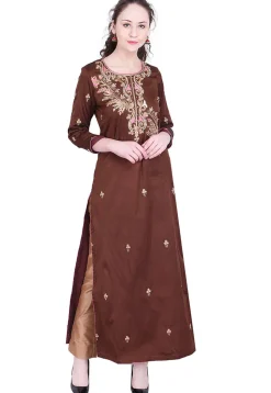 Embroidered Taffeta Silk Straight Kurta in Dark Brown