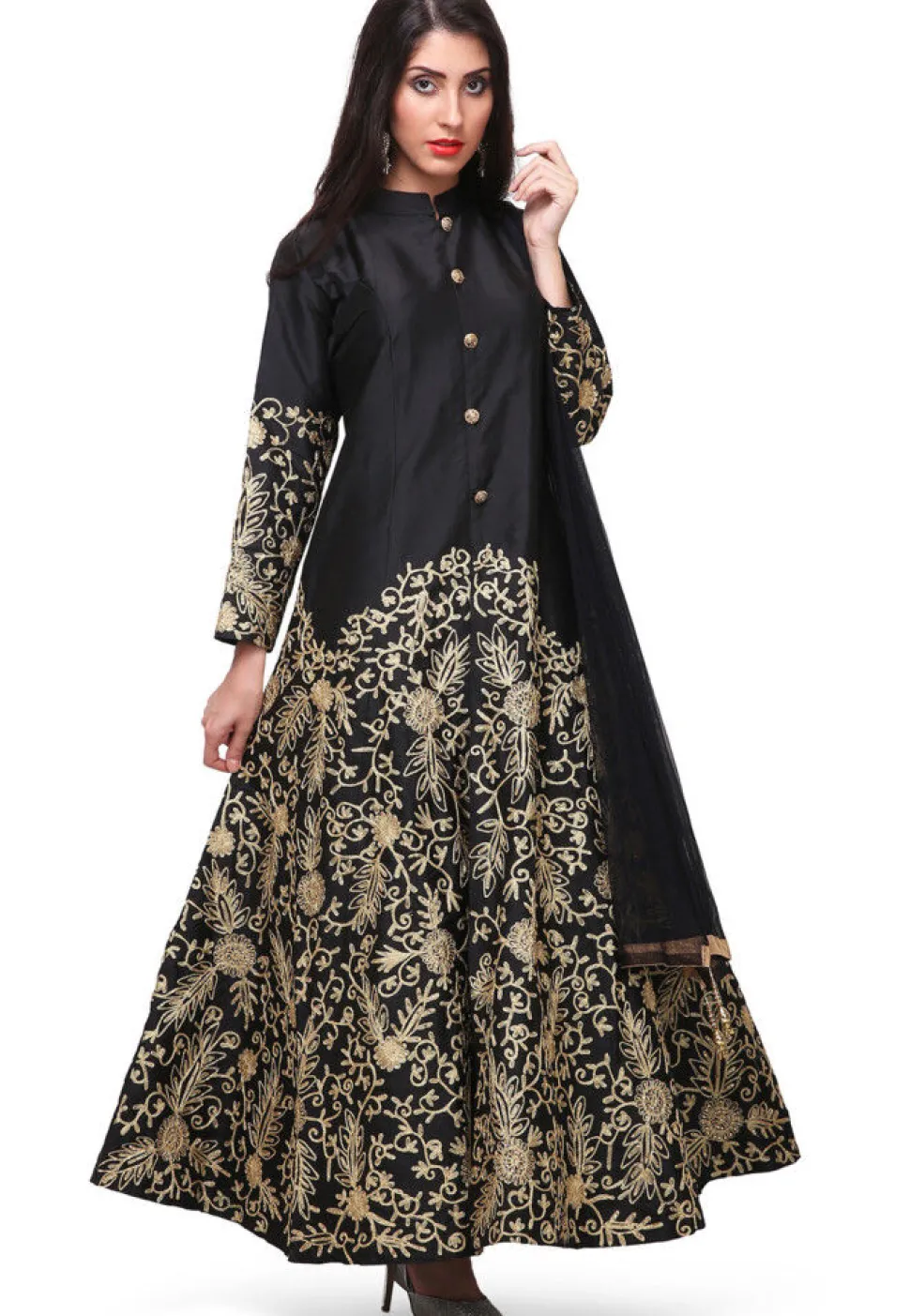 Embroidered Taffeta Silk Front Slit Pakistani Suit in Black