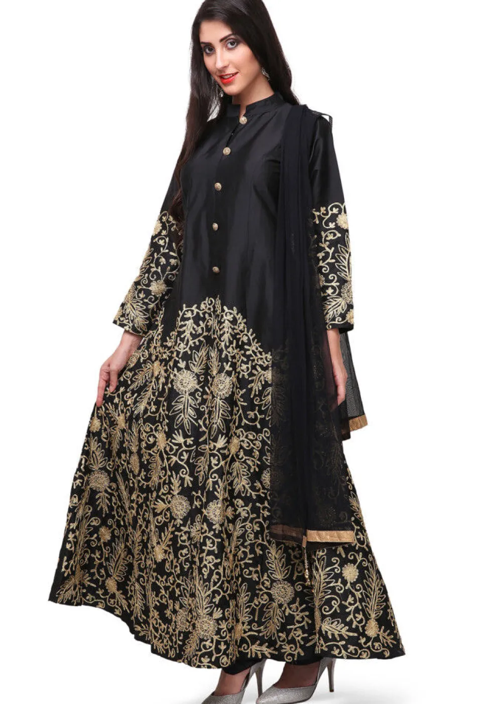 Embroidered Taffeta Silk Front Slit Pakistani Suit in Black