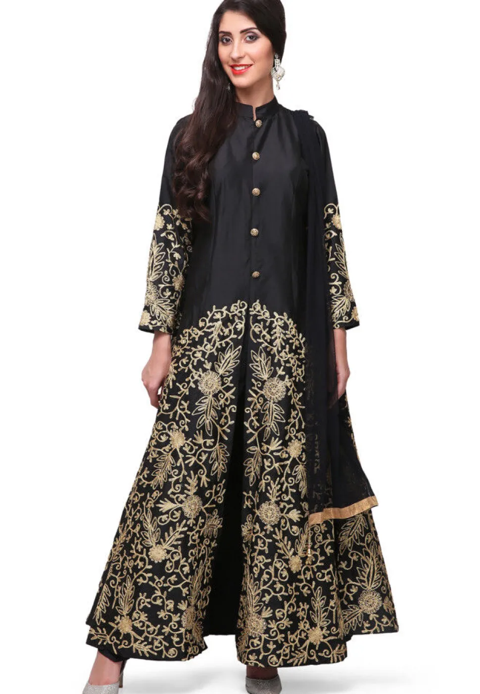 Embroidered Taffeta Silk Front Slit Pakistani Suit in Black