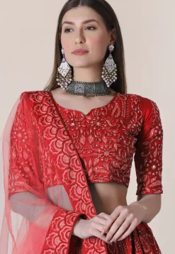 Embroidered Taffeta Silk Lehenga in Red