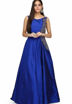 Embroidered Taffeta Silk Gown in Blue