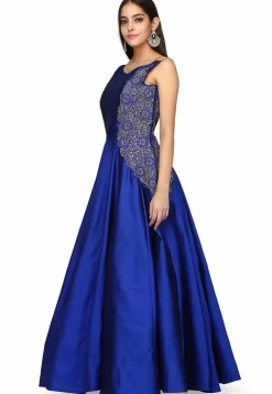 Embroidered Taffeta Silk Gown in Blue