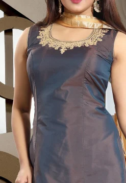 Embroidered Taffeta Silk Punjabi Suit in Grey