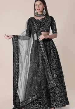 Embroidered Taffeta Silk Lehenga in Black