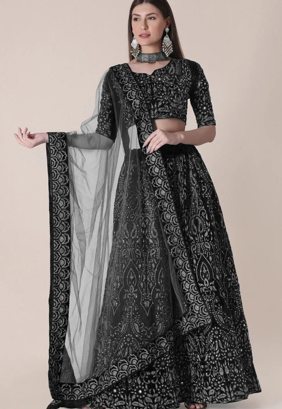 Embroidered Taffeta Silk Lehenga in Black