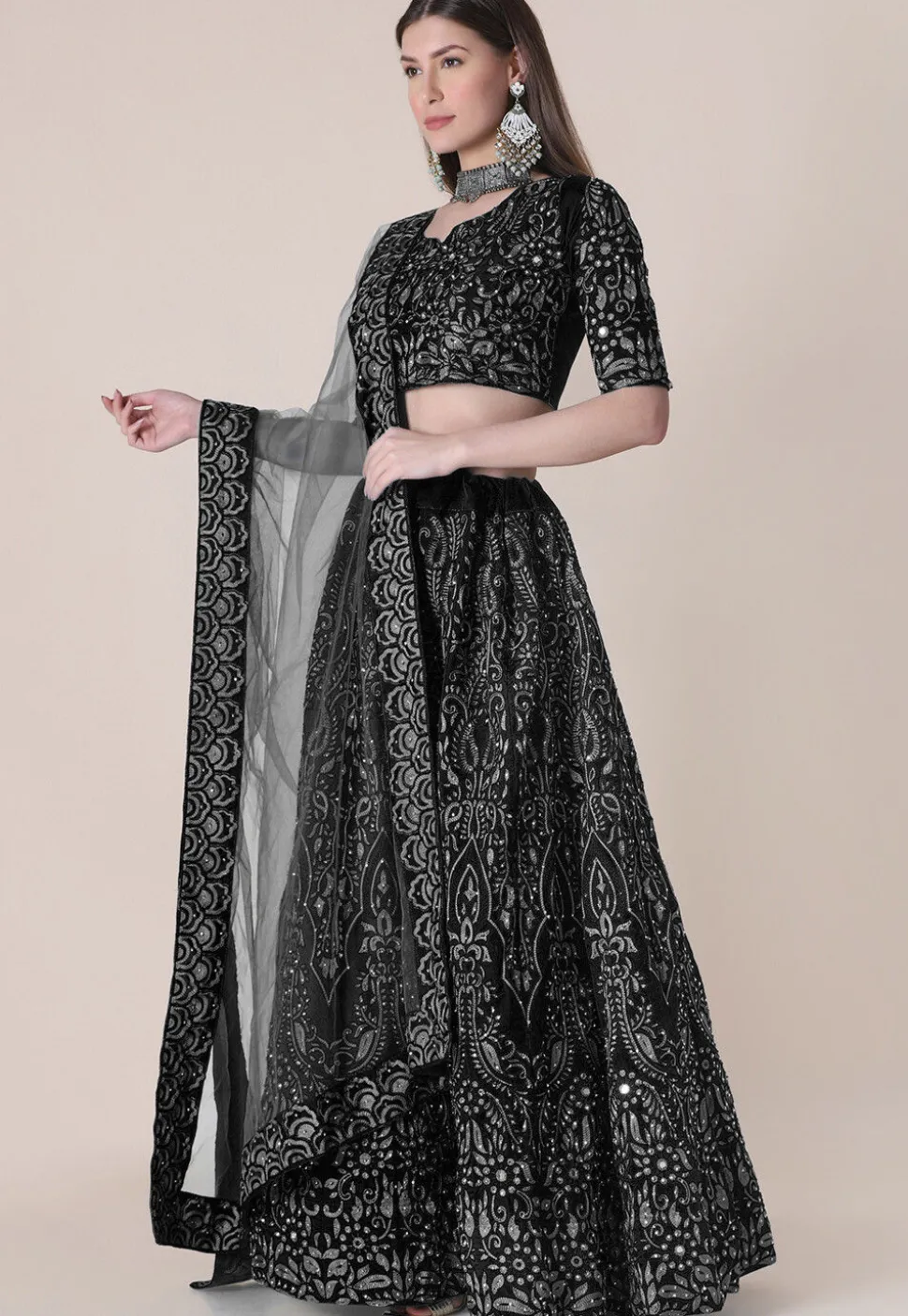 Embroidered Taffeta Silk Lehenga in Black