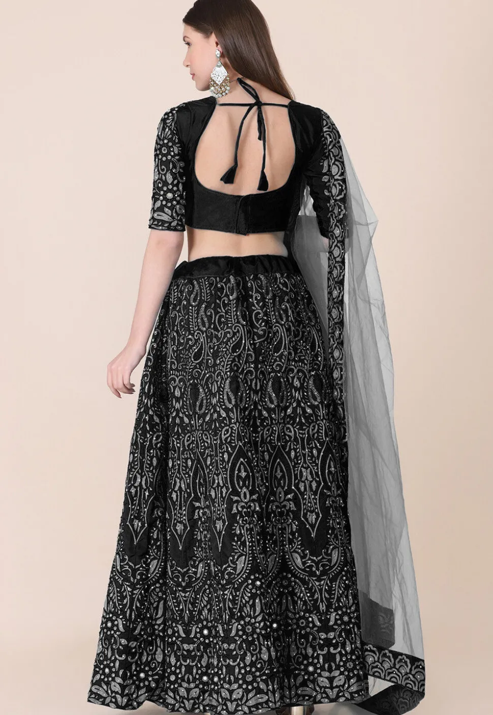 Embroidered Taffeta Silk Lehenga in Black