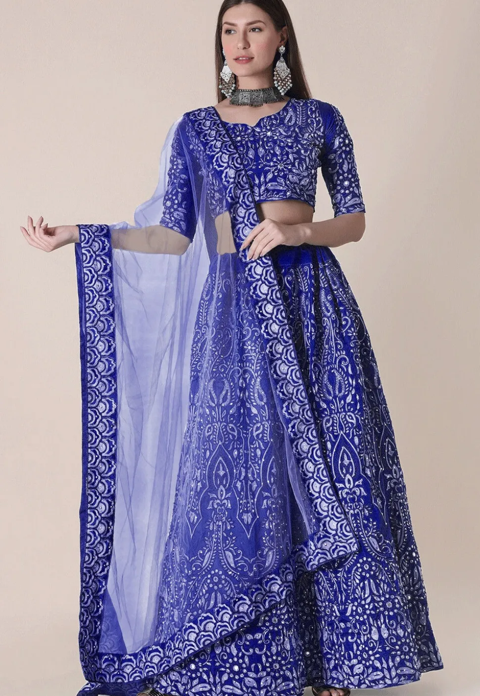 Embroidered Taffeta Silk Lehenga in Royal Blue