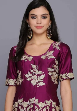 Embroidered Taffeta Silk Gown in Magenta Purple