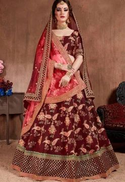 Embroidered Taffeta Silk Lehenga in Maroon