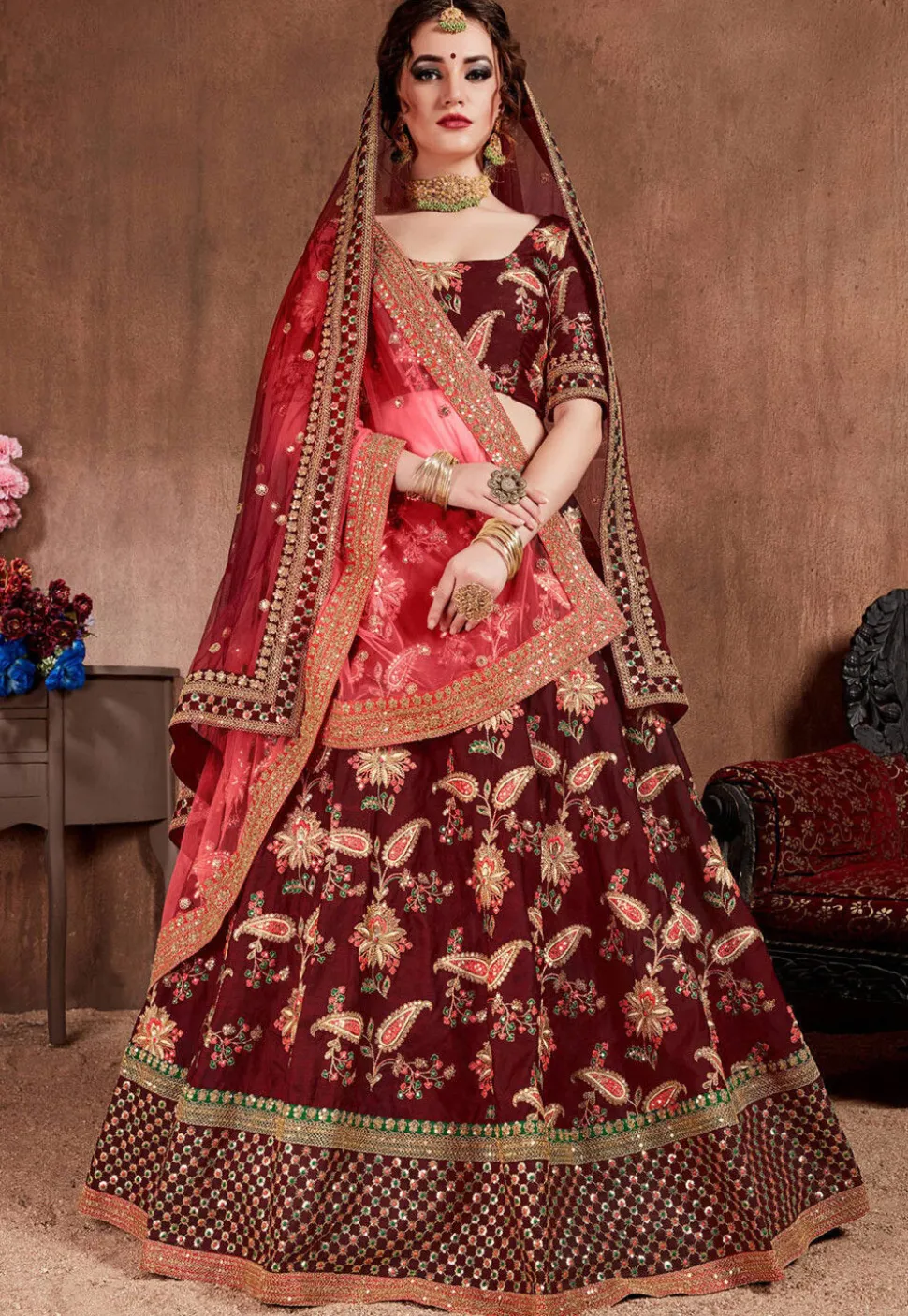 Embroidered Taffeta Silk Lehenga in Maroon