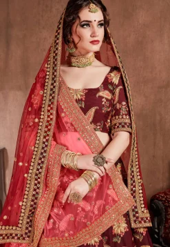 Embroidered Taffeta Silk Lehenga in Maroon