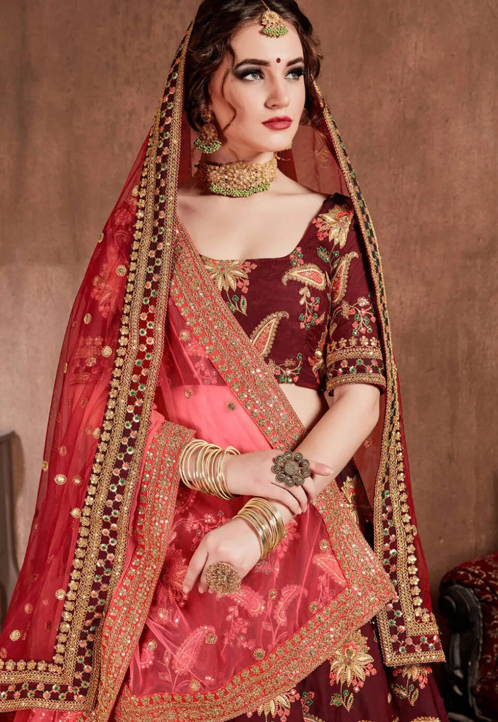 Embroidered Taffeta Silk Lehenga in Maroon