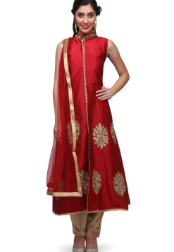 Embroidered Taffeta Silk Front Slit Pakistani Suit in Red