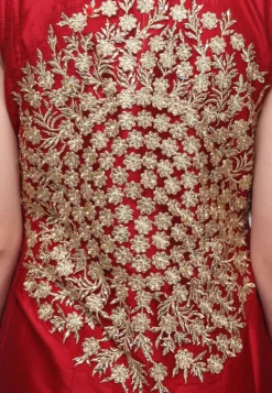 Embroidered Taffeta Silk Front Slit Pakistani Suit in Red