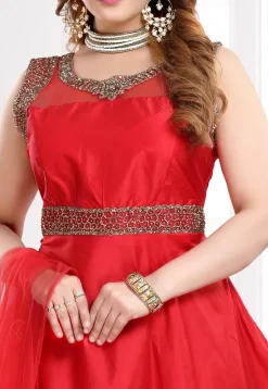Embroidered Taffeta Silk Abaya Style Suit in Red