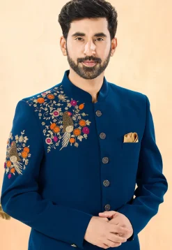 Embroidered Terry Rayon Jodhpuri Suit in Teal Blue