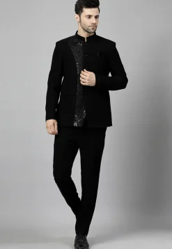 Embroidered Terry Rayon Jodhpuri Suit in Black