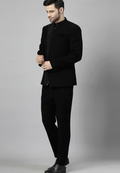 Embroidered Terry Rayon Jodhpuri Suit in Black