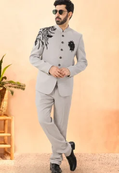 Embroidered Terry Rayon Jodhpuri Suit in Grey