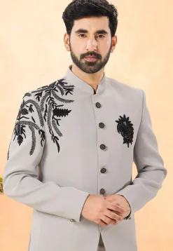 Embroidered Terry Rayon Jodhpuri Suit in Grey