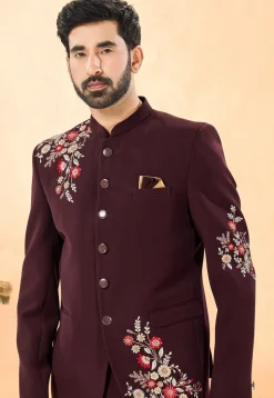 Embroidered Terry Rayon Jodhpuri Suit in Maroon