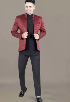 Embroidered Terry Rayon Jodhpuri Jacket in Maroon