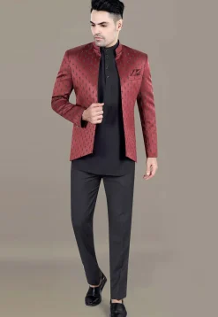 Embroidered Terry Rayon Jodhpuri Jacket in Maroon