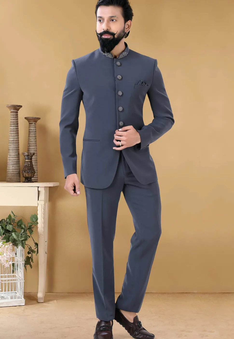 Embroidered Terry Rayon Jodhpuri Suit in Grey