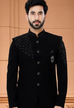 Embroidered Terry Rayon Jodhpuri Suit in Black