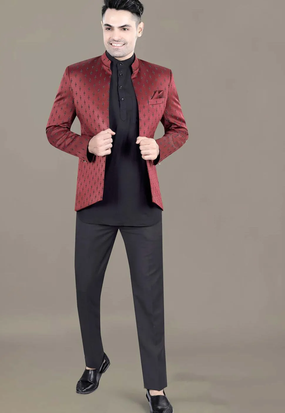 Embroidered Terry Rayon Jodhpuri Suit in Maroon