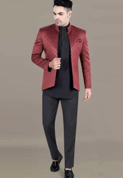 Embroidered Terry Rayon Jodhpuri Suit in Maroon
