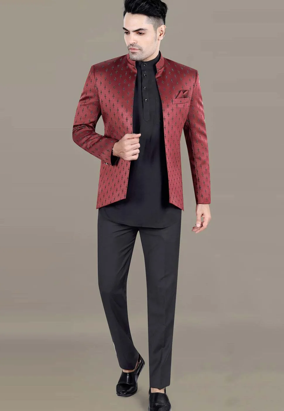 Embroidered Terry Rayon Jodhpuri Suit in Maroon