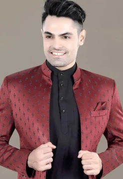 Embroidered Terry Rayon Jodhpuri Suit in Maroon