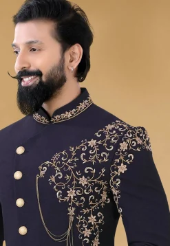 Embroidered Terry Rayon Jodhpuri Suit in Navy Blue