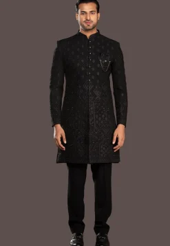 Embroidered Terry Rayon Sherwani in Black