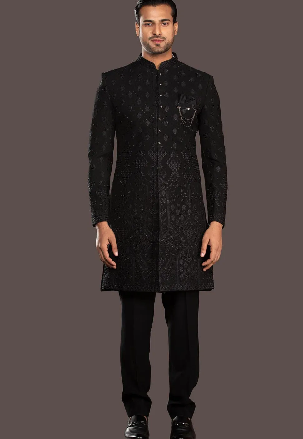 Embroidered Terry Rayon Sherwani in Black