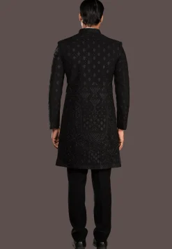Embroidered Terry Rayon Sherwani in Black