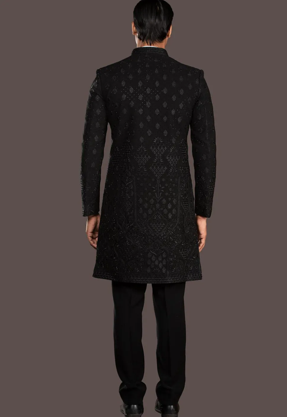 Embroidered Terry Rayon Sherwani in Black