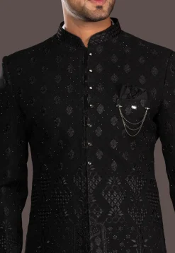 Embroidered Terry Rayon Sherwani in Black