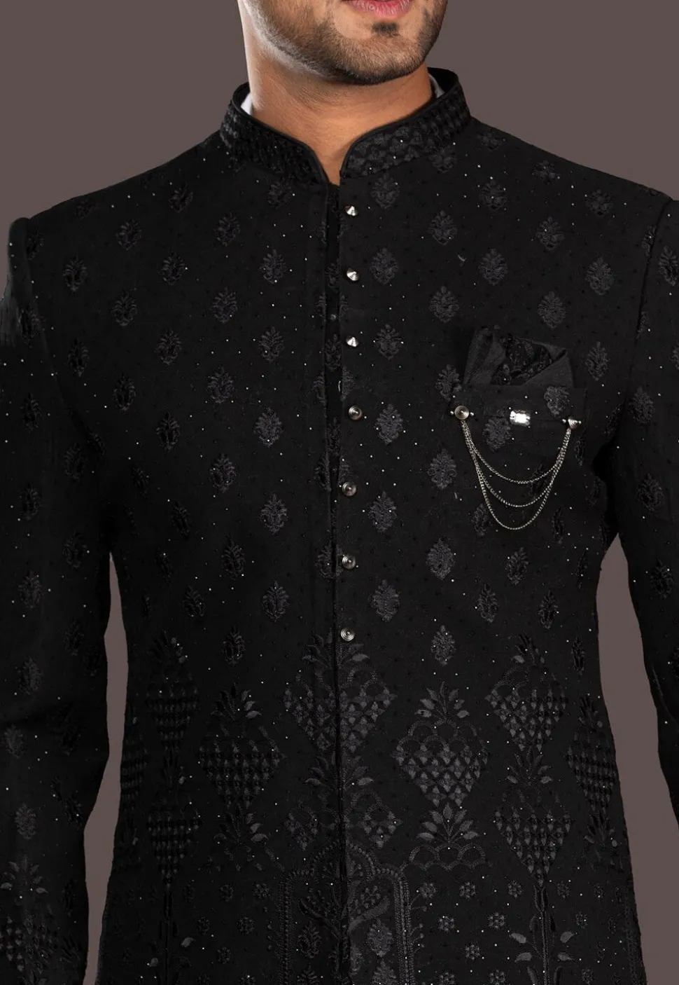 Embroidered Terry Rayon Sherwani in Black