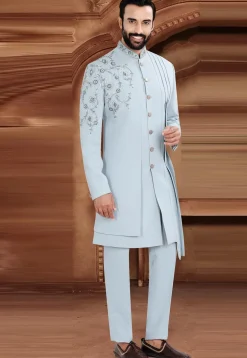 Embroidered Terry Rayon Sherwani in Blue