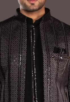 Embroidered Terry Rayon Sherwani in Black