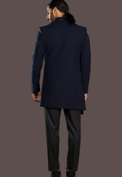 Embroidered Terry Rayon Sherwani in Navy Blue