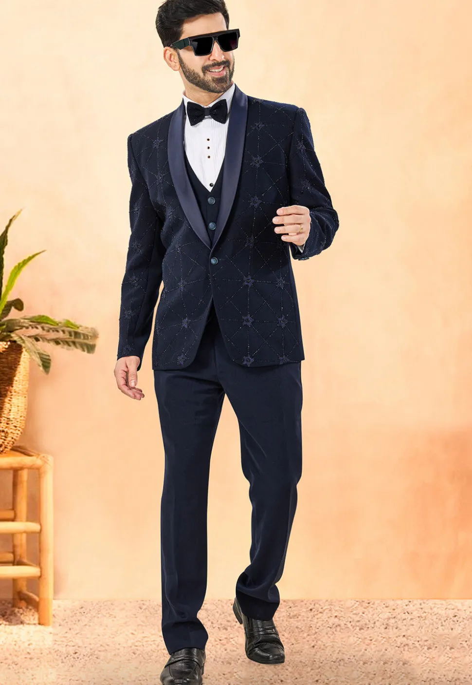 Embroidered Terry Rayon Tuxedo in Navy Blue