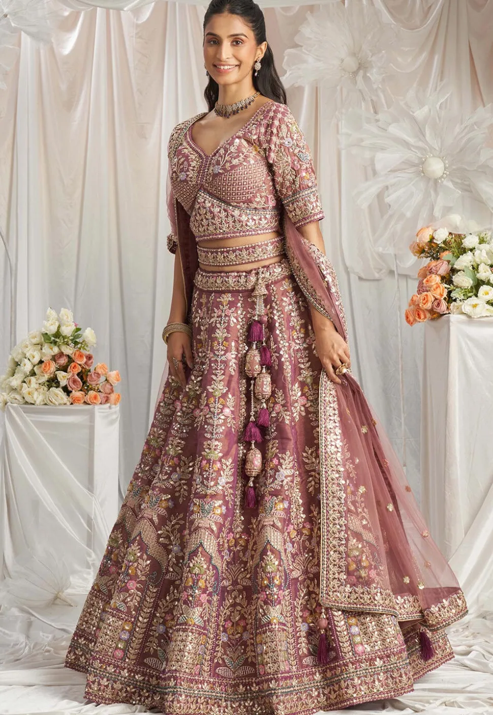 Embroidered Tissue Lehenga in Purple