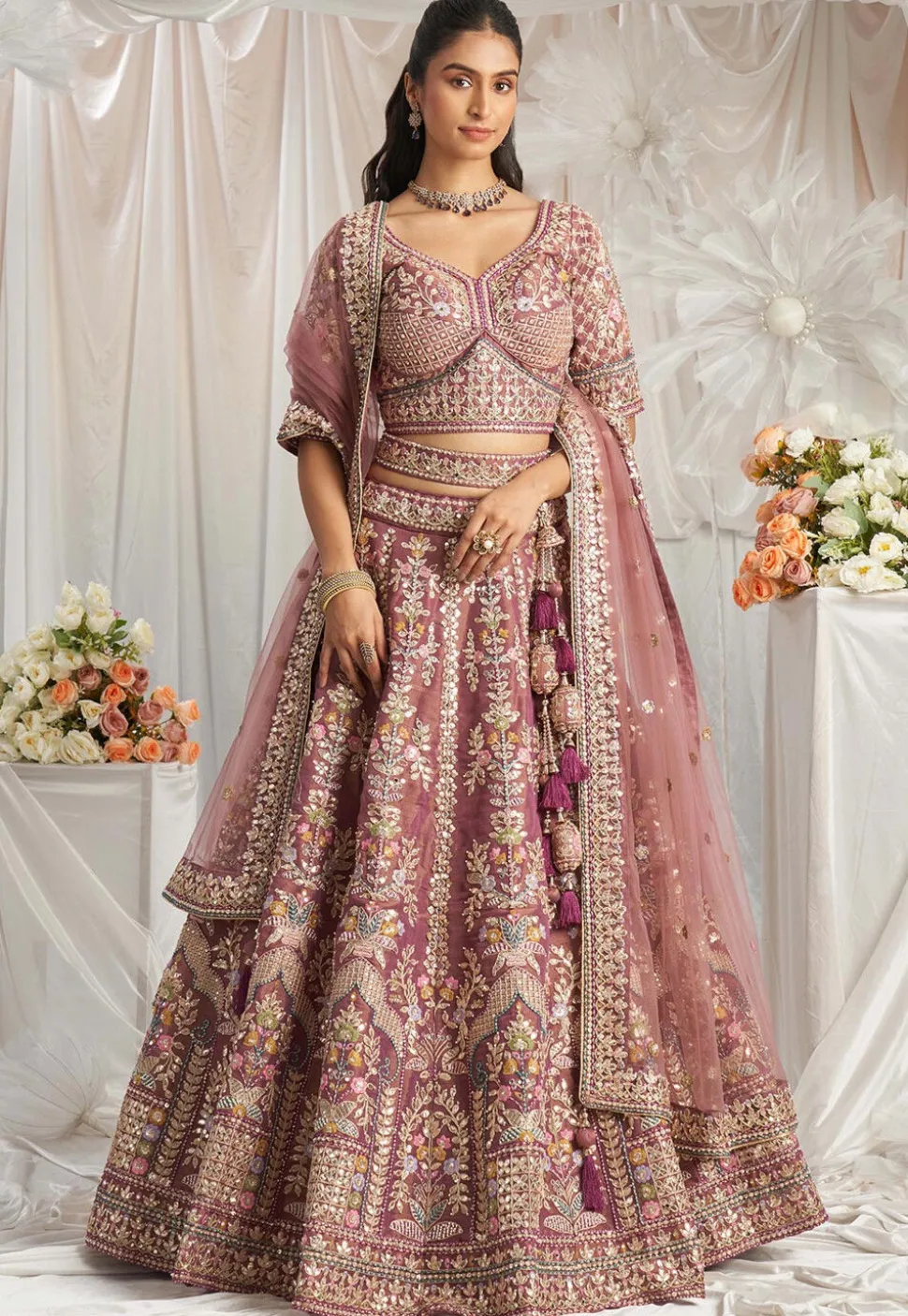 Embroidered Tissue Lehenga in Purple