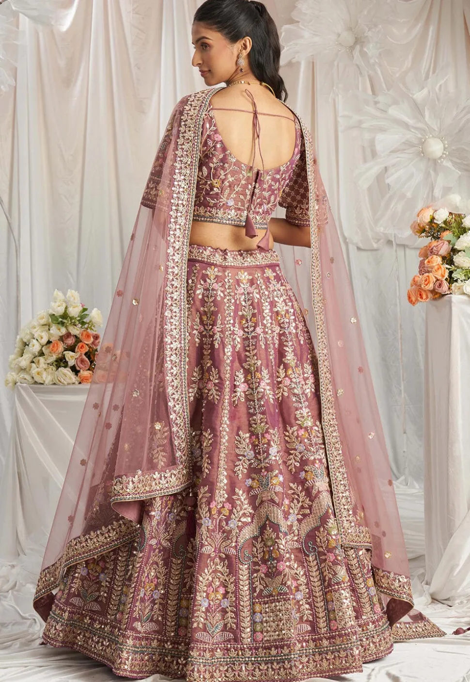 Embroidered Tissue Lehenga in Purple